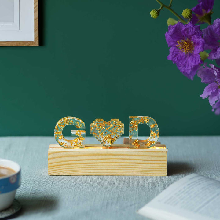 Handmade Resin White & Gold Tabletop Name Plate with Couple Initials & LED Lights