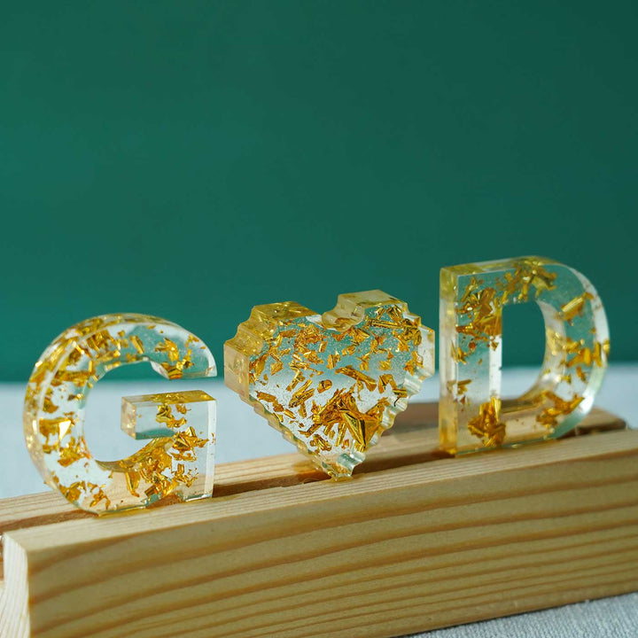 Handmade Resin White & Gold Tabletop Name Plate with Couple Initials & LED Lights