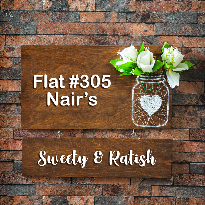 String Art Mason Jar Nameplate - White Flowers