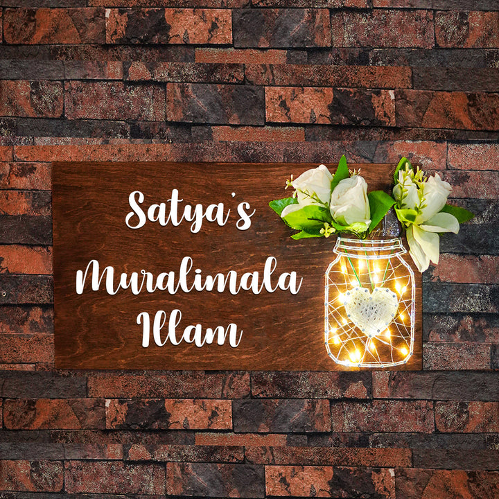 String Art Mason Jar Nameplate - White Flowers