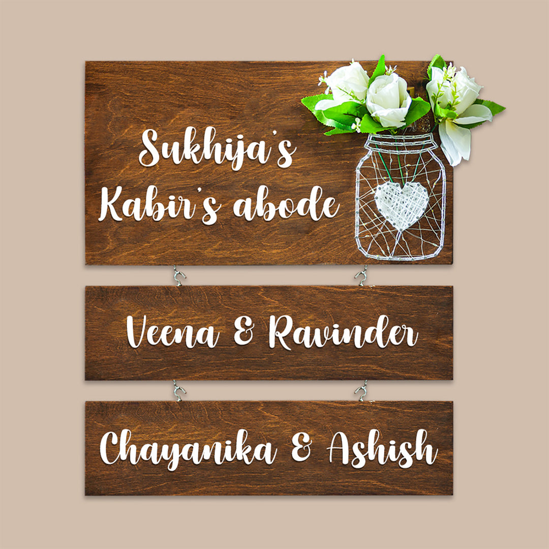 String Art Mason Jar Nameplate - White Flowers