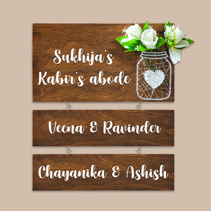 String Art Mason Jar Nameplate - White Flowers