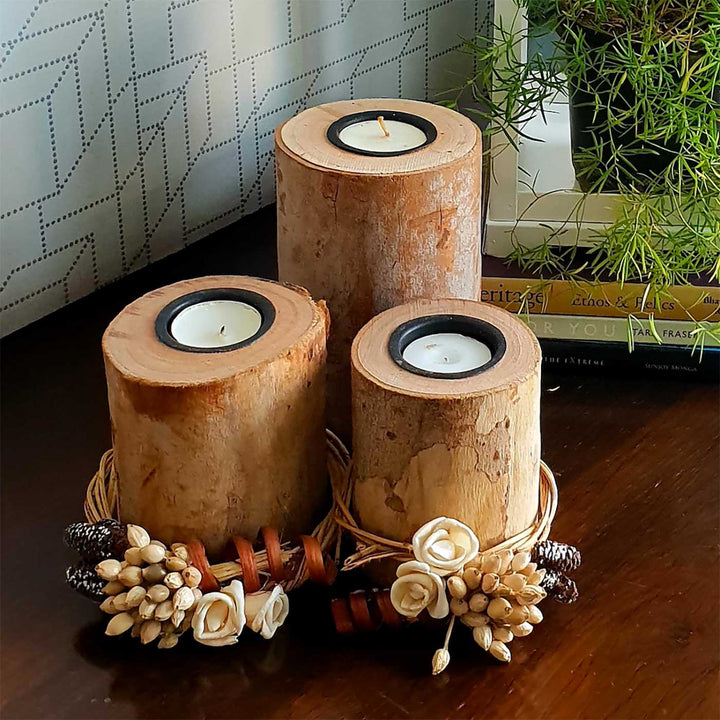 Handmade Pretty Posie Log Wooden Tealight Holders For Decoration | Set Of 3