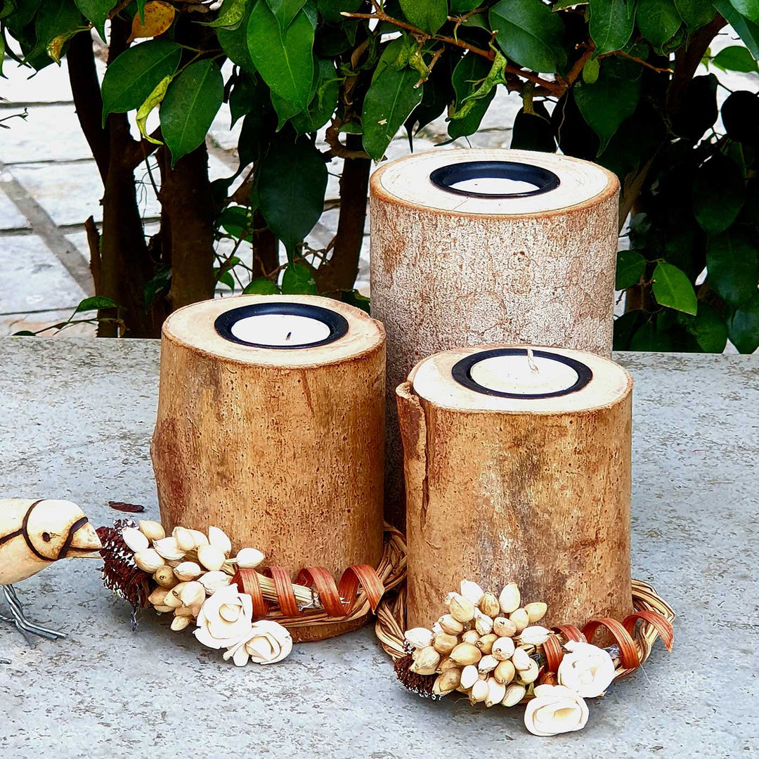 Handmade Pretty Posie Log Wooden Tealight Holders For Decoration | Set Of 3