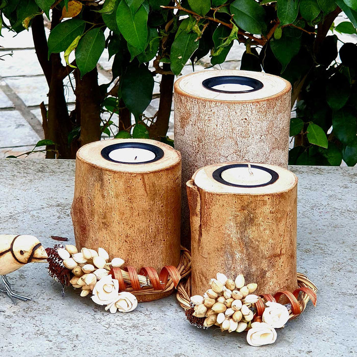 Handmade Pretty Posie Log Wooden Tealight Holders For Decoration | Set Of 3