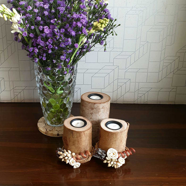 Handmade Pretty Posie Log Wooden Tealight Holders For Decoration | Set Of 3