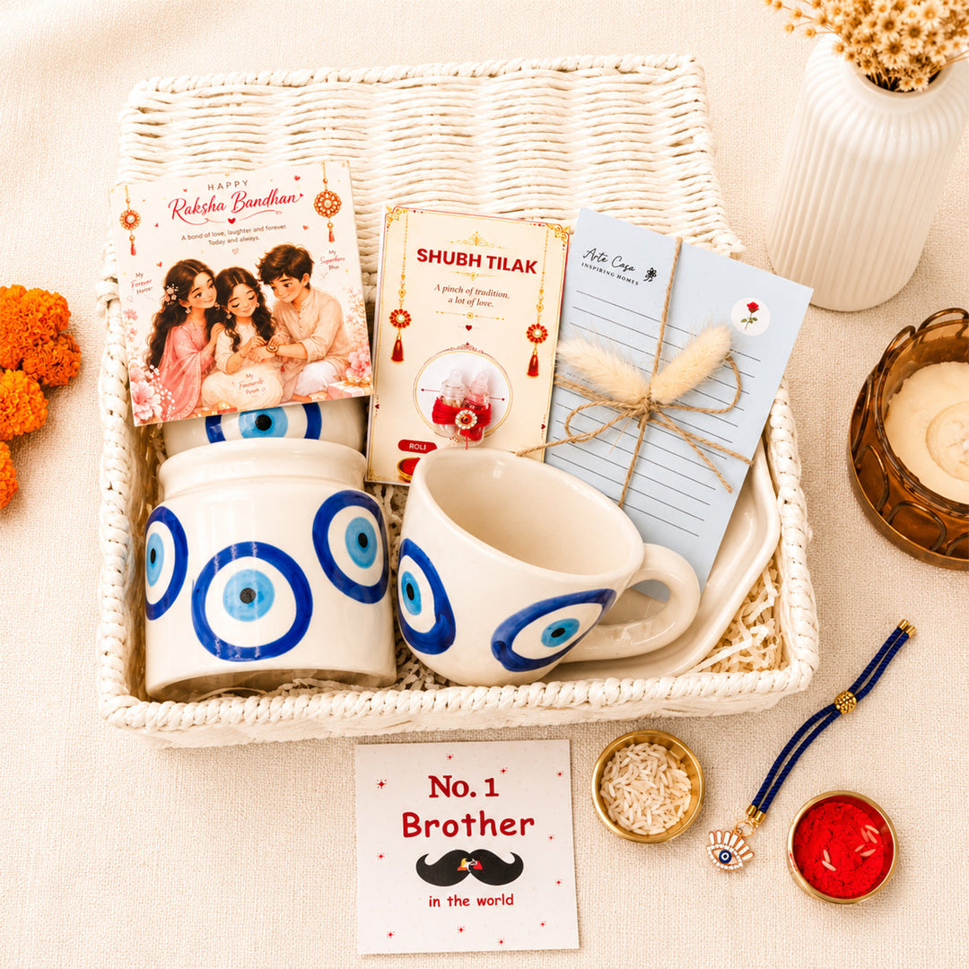 Evil Eye "Blue Protection" Ceramic Rakhi Set Hamper With Mug, Jar & Basket For Bhaiya Bhabhi