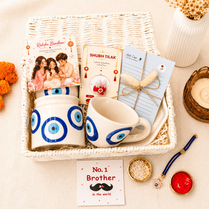 Evil Eye "Blue Protection" Ceramic Rakhi Set Hamper With Mug, Jar & Basket For Bhaiya Bhabhi