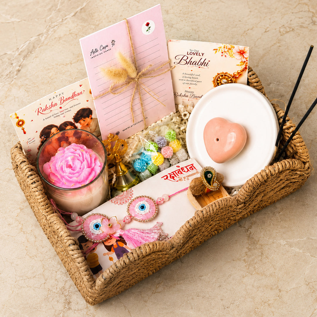 Pooja Essentials Rakhi Hamper With Scented Candle, Bell & Rakhi For Bhaiya Bhabhi