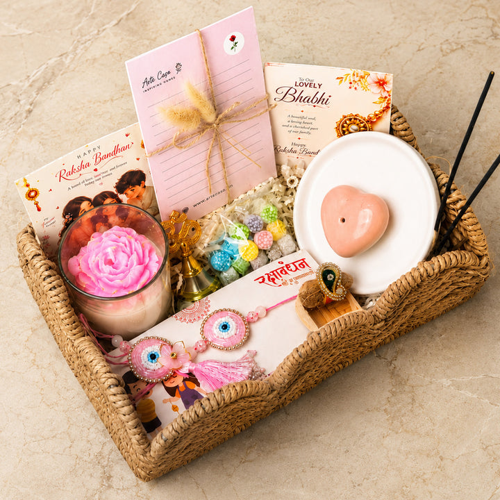 Pooja Essentials Rakhi Hamper With Scented Candle, Bell & Rakhi For Bhaiya Bhabhi