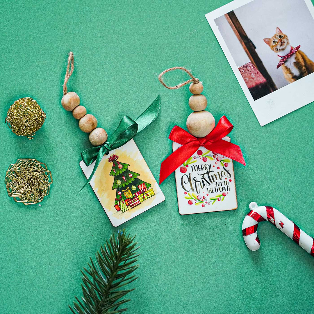 Printed Beaded Mdf Wood Ornaments For Christmas Tree Decoration | Set Of 2