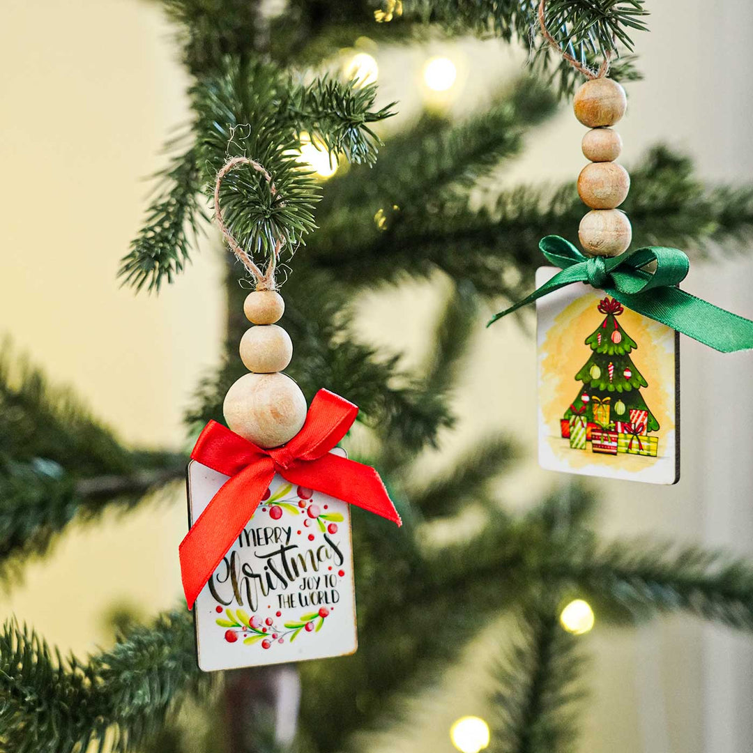 Printed Beaded Mdf Wood Ornaments For Christmas Tree Decoration | Set Of 2