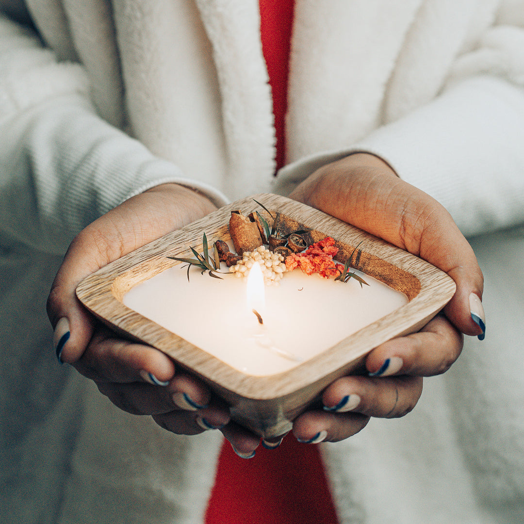 Handmade Floral Winter Spice Wax Candle With Wooden Base