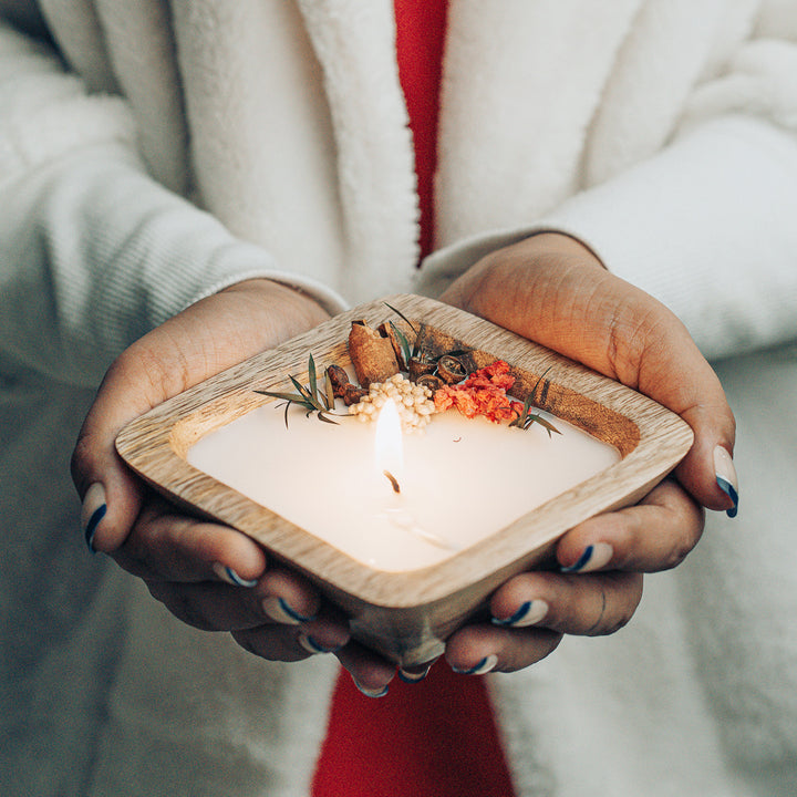 Handmade Floral Winter Spice Wax Candle With Wooden Base