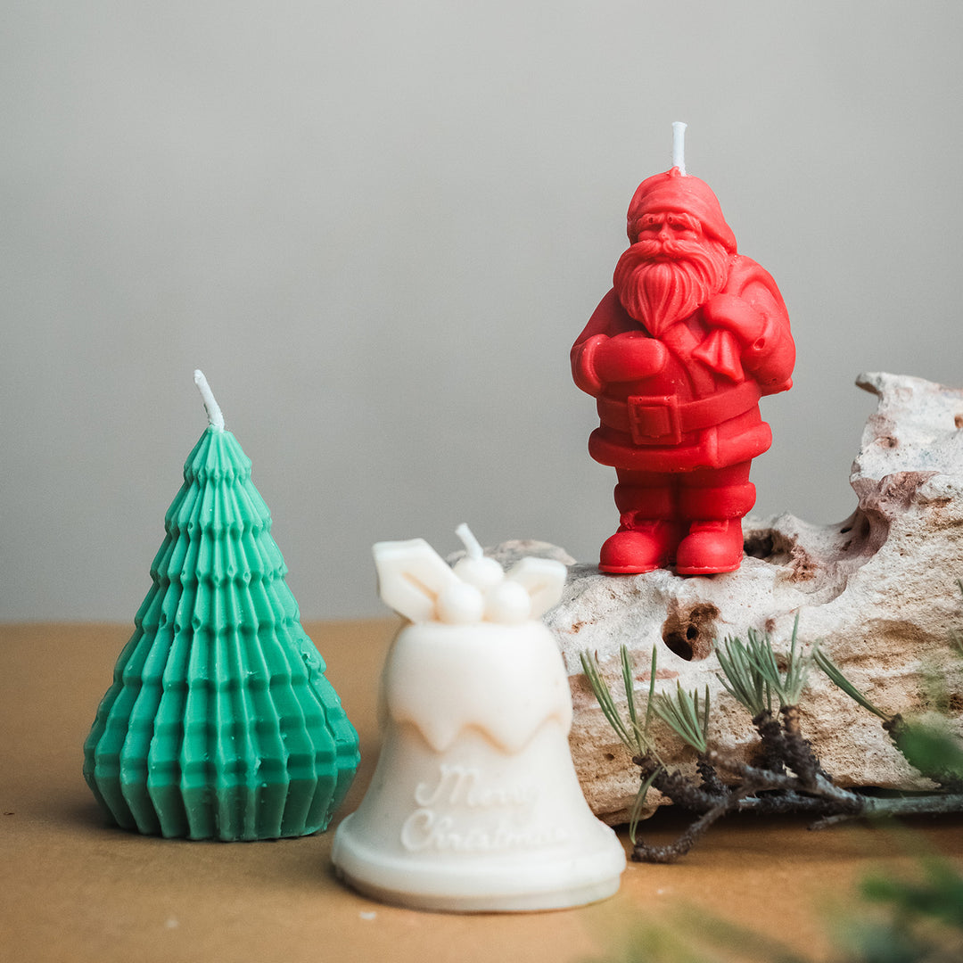 3 Pc | Handmade Xmas Tree, Santa & Bell Wax Candles For Christmas Decoration