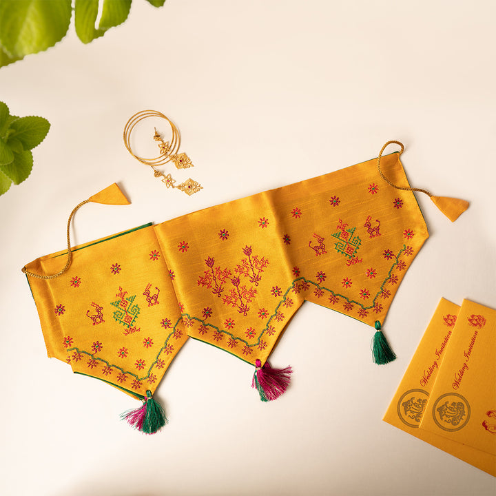 "Pichwai" Handmade Gift Hamper With Kasuti Toran, Etikoppaka Holders & Terracotta Candles For Festive Gifting