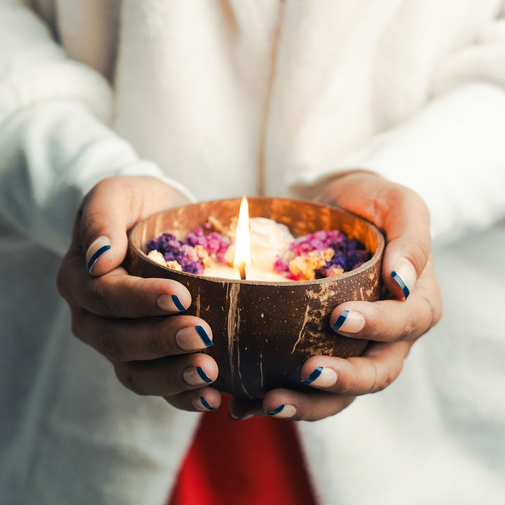 Handmade Purple & White Floral Coconut Shell Candle