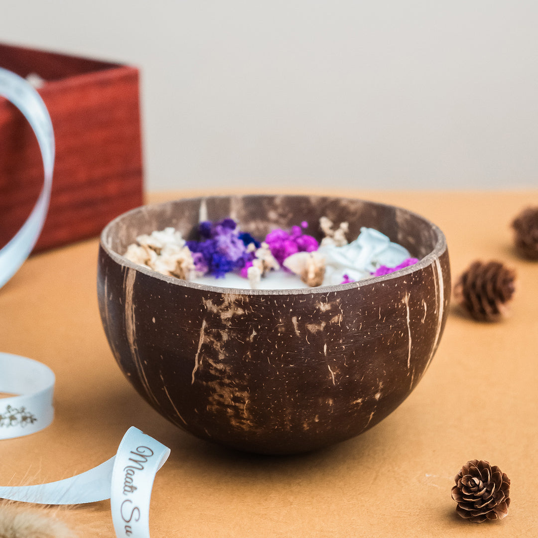 Handmade Purple & White Floral Coconut Shell Candle