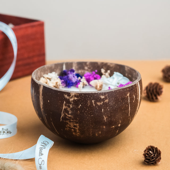Handmade Purple & White Floral Coconut Shell Candle