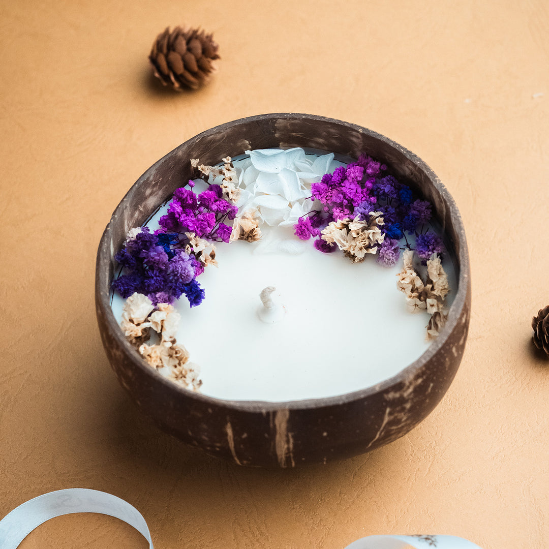 Handmade Purple & White Floral Coconut Shell Candle
