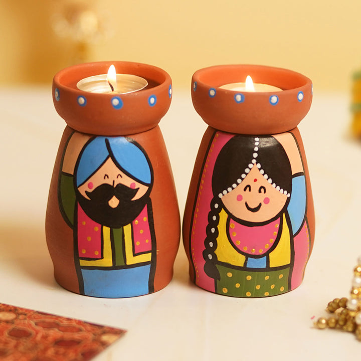 Handpainted Clay Tealight Holders with Punjabi Couple | Set of 2