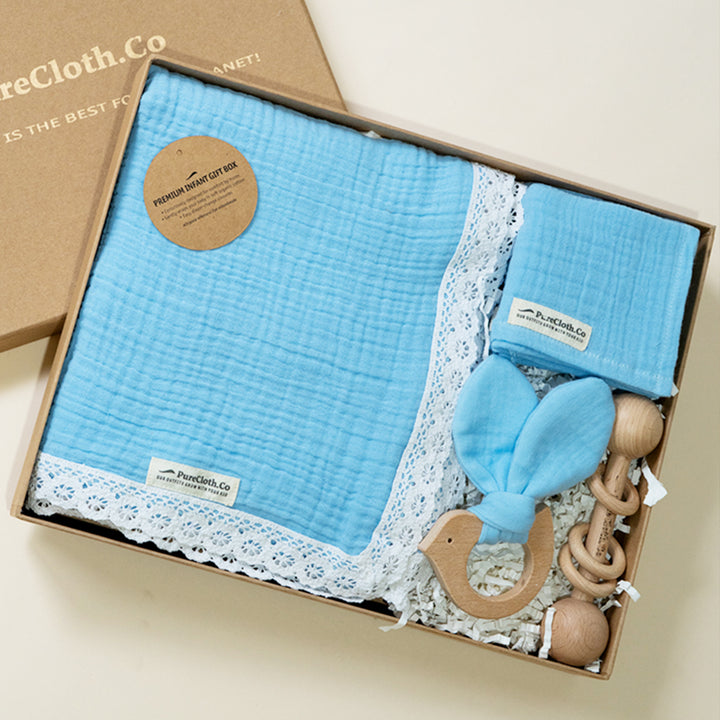 Little Nest Blue Newborn Gift Hamper | Swaddle, Teether & Rattle