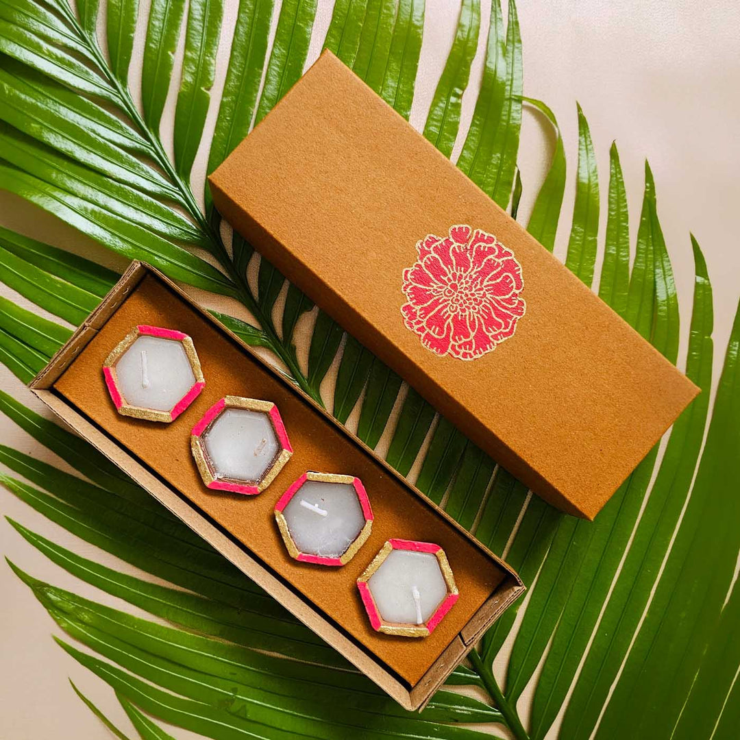 Handmade Lotus Classic Gift Hamper | Includes 1 Table Runner, 6 Table Mats, 4 Diyas, 4 Tealight Holders, 4 Battery Operated Tealights And 1 Gift Box