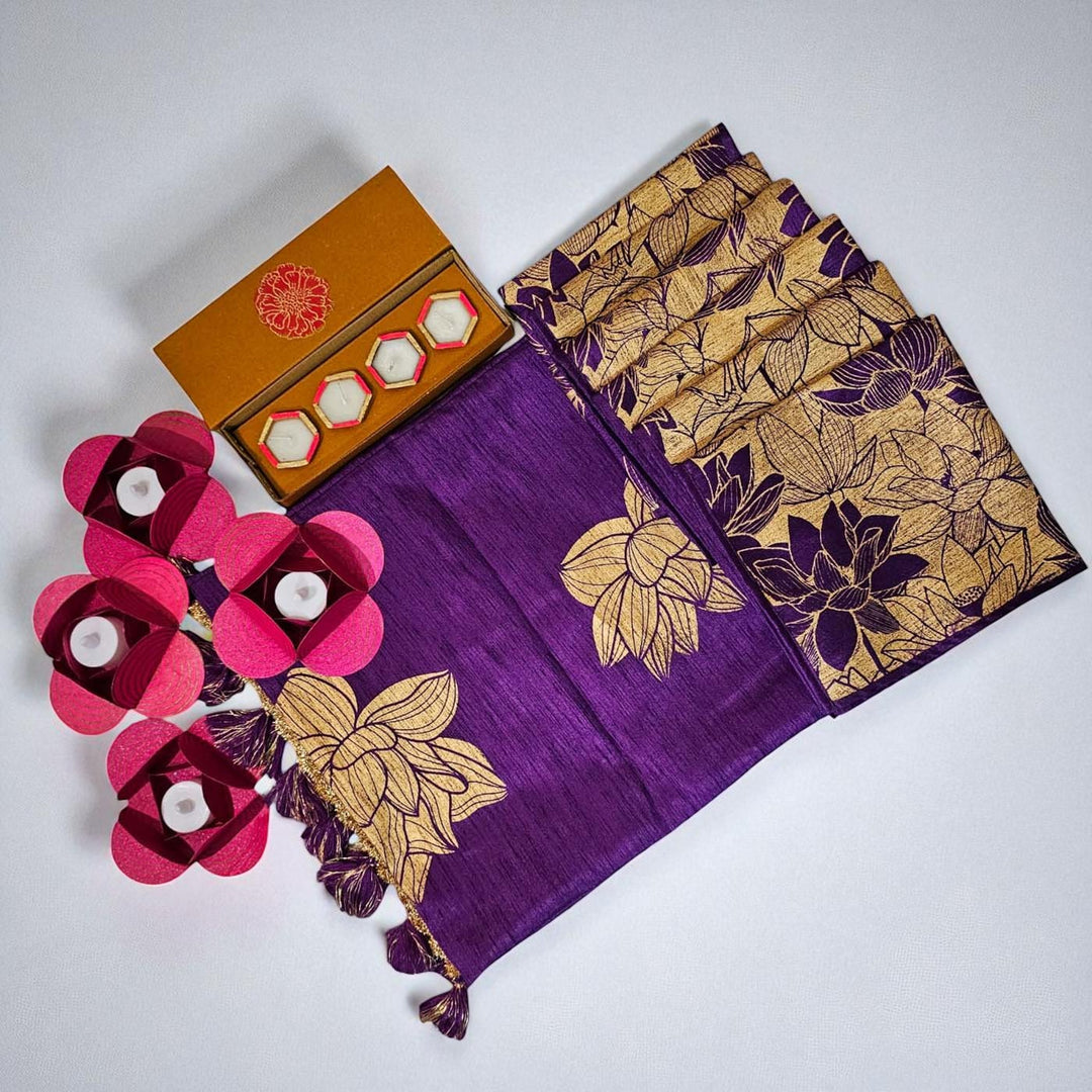 Handmade Lotus Classic Gift Hamper | Includes 1 Table Runner, 6 Table Mats, 4 Diyas, 4 Tealight Holders, 4 Battery Operated Tealights And 1 Gift Box