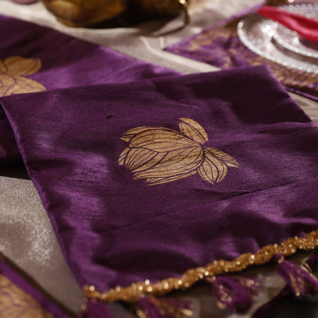 Handmade Purple Lotus Design Silk Table Runner
