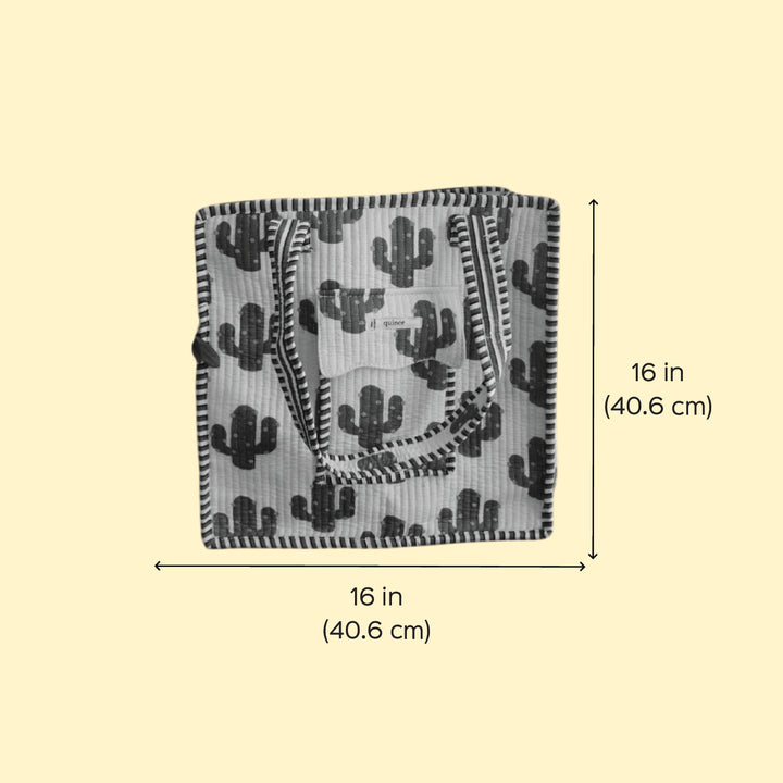 Handmade White & Green Cactus Cotton Tote Bag