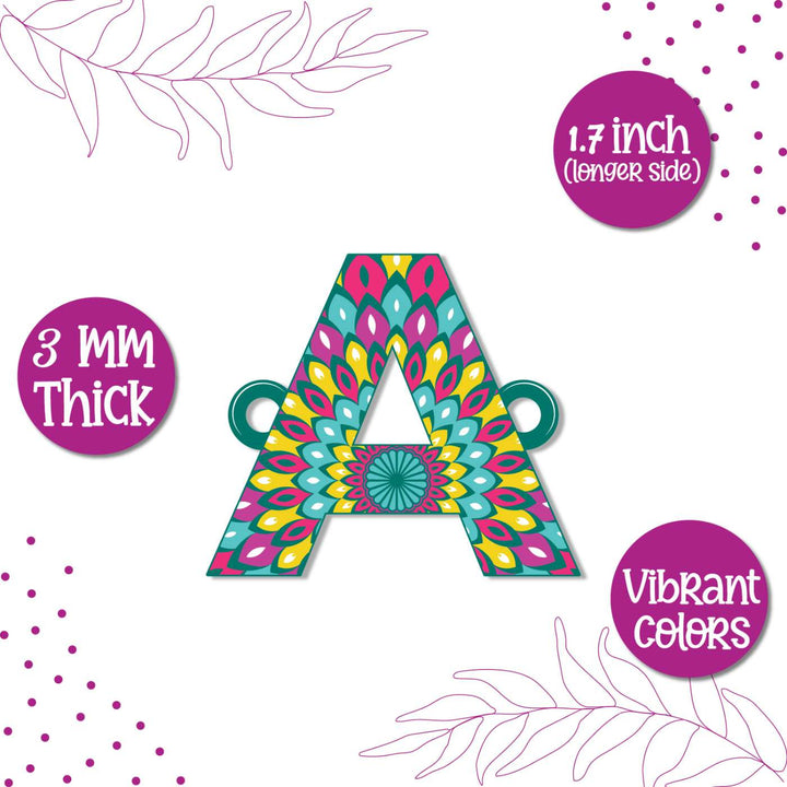 Personalized Handmade Printed Alphabet Wooden Rudraksha Rakhi With Roli Chawal - Size and Feature Callouts