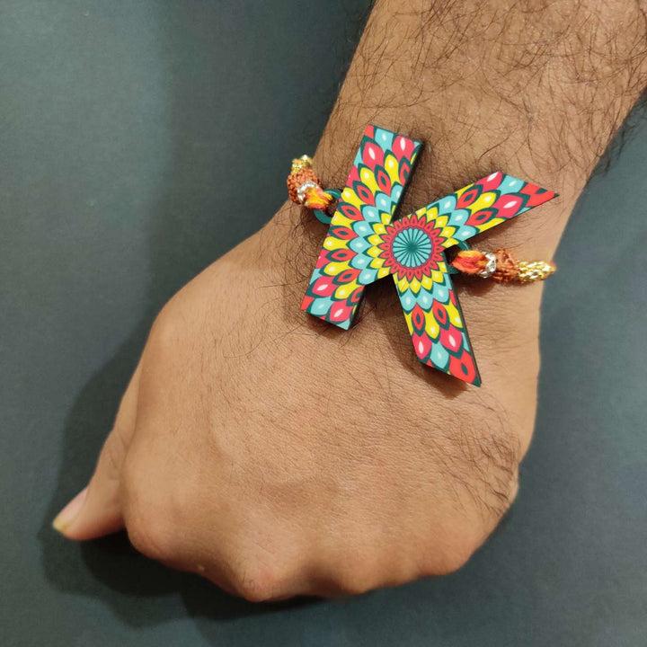 Personalized Handmade Printed Alphabet Wooden Rudraksha Rakhi With Roli Chawal - Close-up Wrist Wear