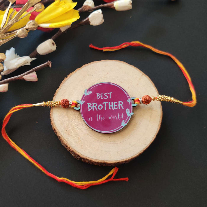 Handmade Printed Best Brother in World Wooden Rudraksha Rakhi With Roli Chawal