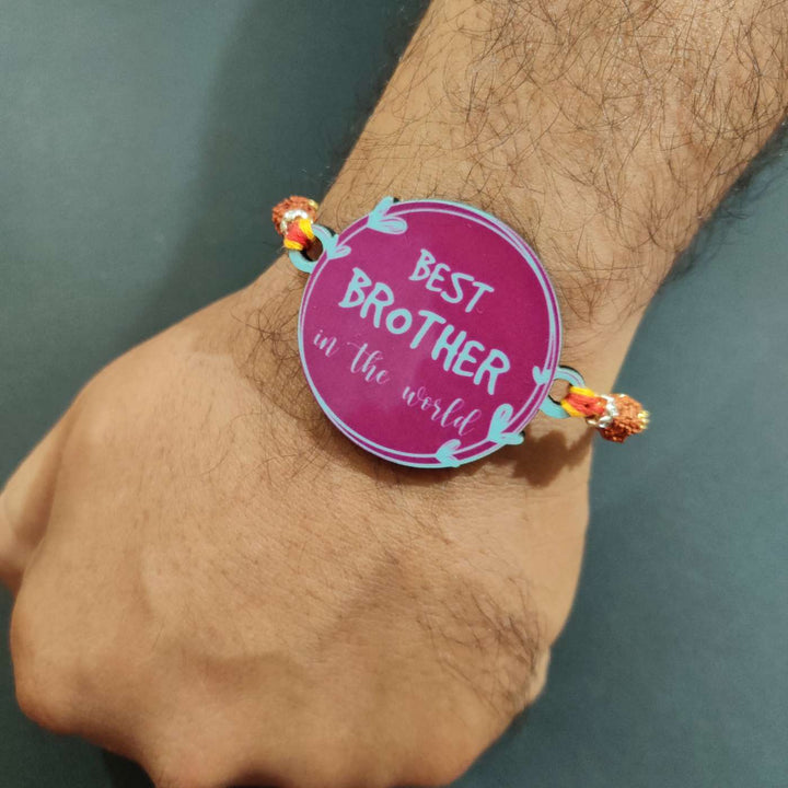 Handmade Printed Best Brother in World Wooden Rudraksha Rakhi With Roli Chawal