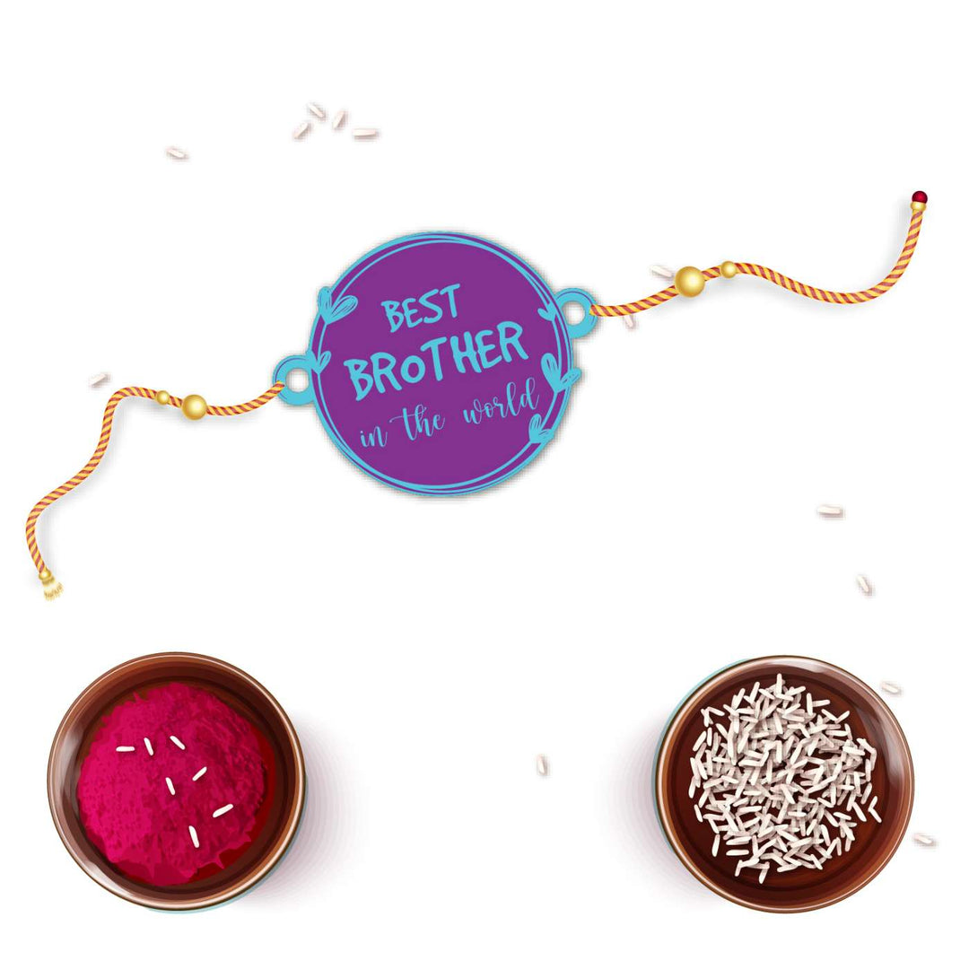 Handmade Printed Best Brother in World Wooden Rudraksha Rakhi With Roli Chawal