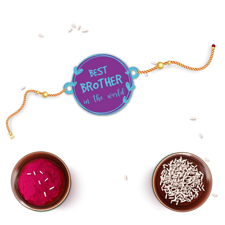 Handmade Printed Best Brother in World Wooden Rudraksha Rakhi With Roli Chawal