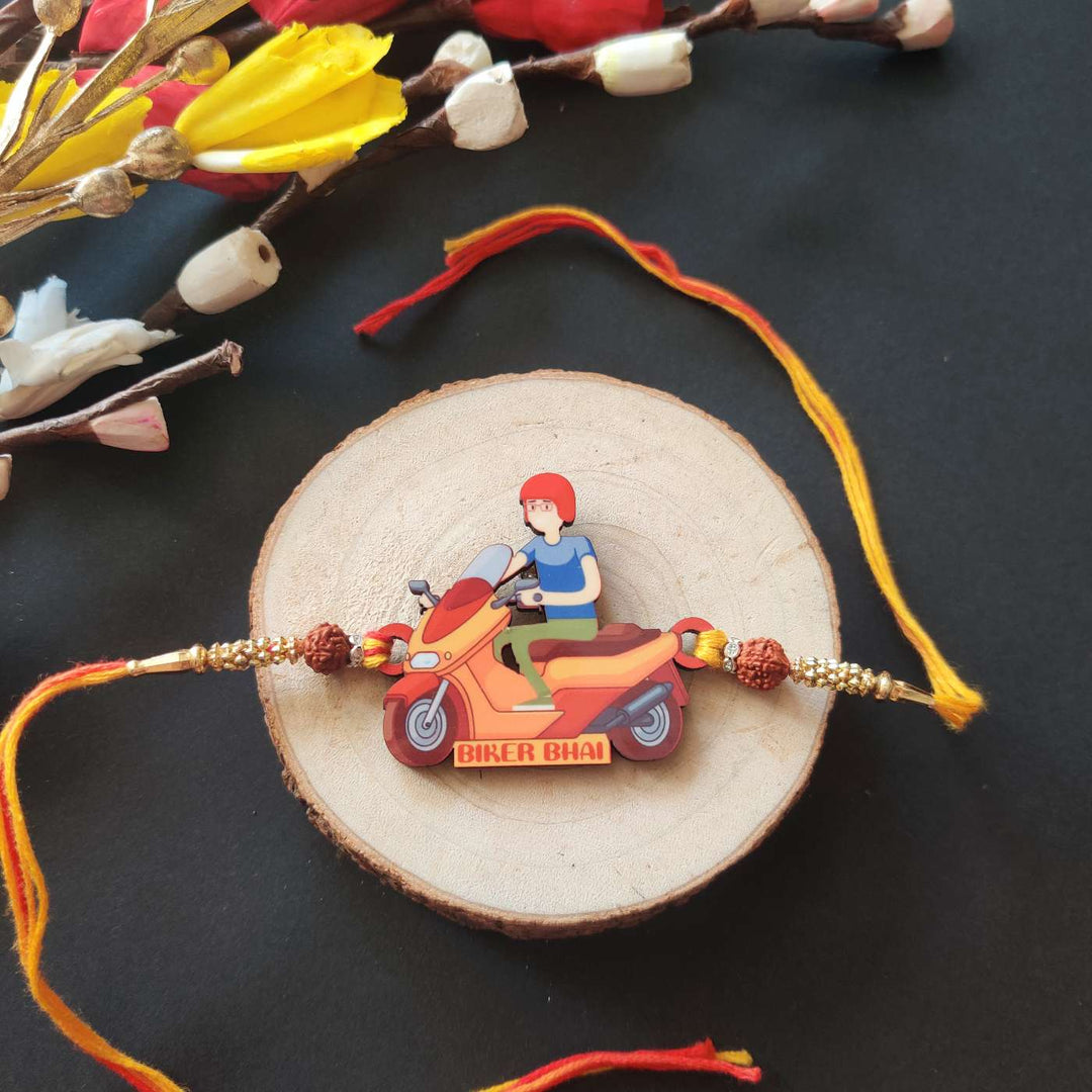 Handmade Printed Biker Bhai Wooden Rudraksha Rakhi With Roli Chawal
