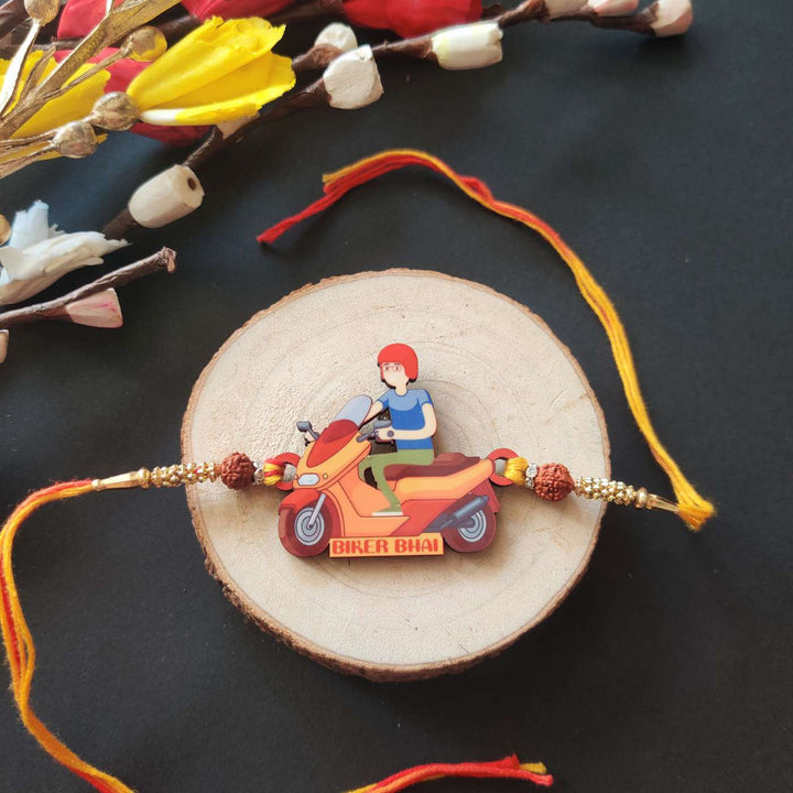 Handmade Printed Biker Bhai Wooden Rudraksha Rakhi With Roli Chawal