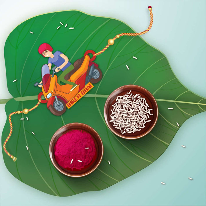 Handmade Printed Biker Bhai Wooden Rudraksha Rakhi With Roli Chawal