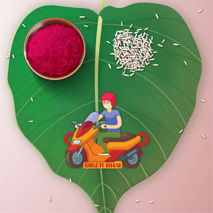 Handmade Printed Biker Bhai Wooden Rudraksha Rakhi With Roli Chawal