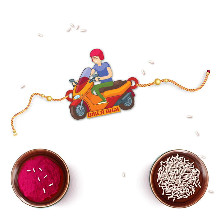 Handmade Printed Biker Bhai Wooden Rudraksha Rakhi With Roli Chawal