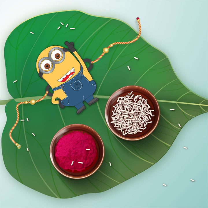 Handmade Printed Minion Wooden Rudraksha Rakhi With Roli Chawal
