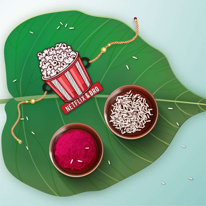 Handmade Printed Netflix Wooden Rudraksha Rakhi With Roli Chawal