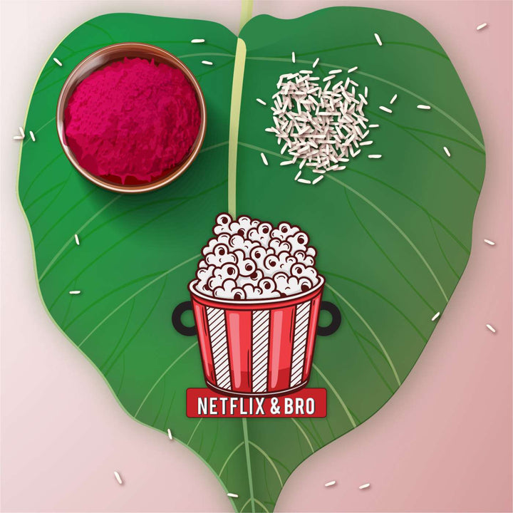Handmade Printed Netflix Wooden Rudraksha Rakhi With Roli Chawal