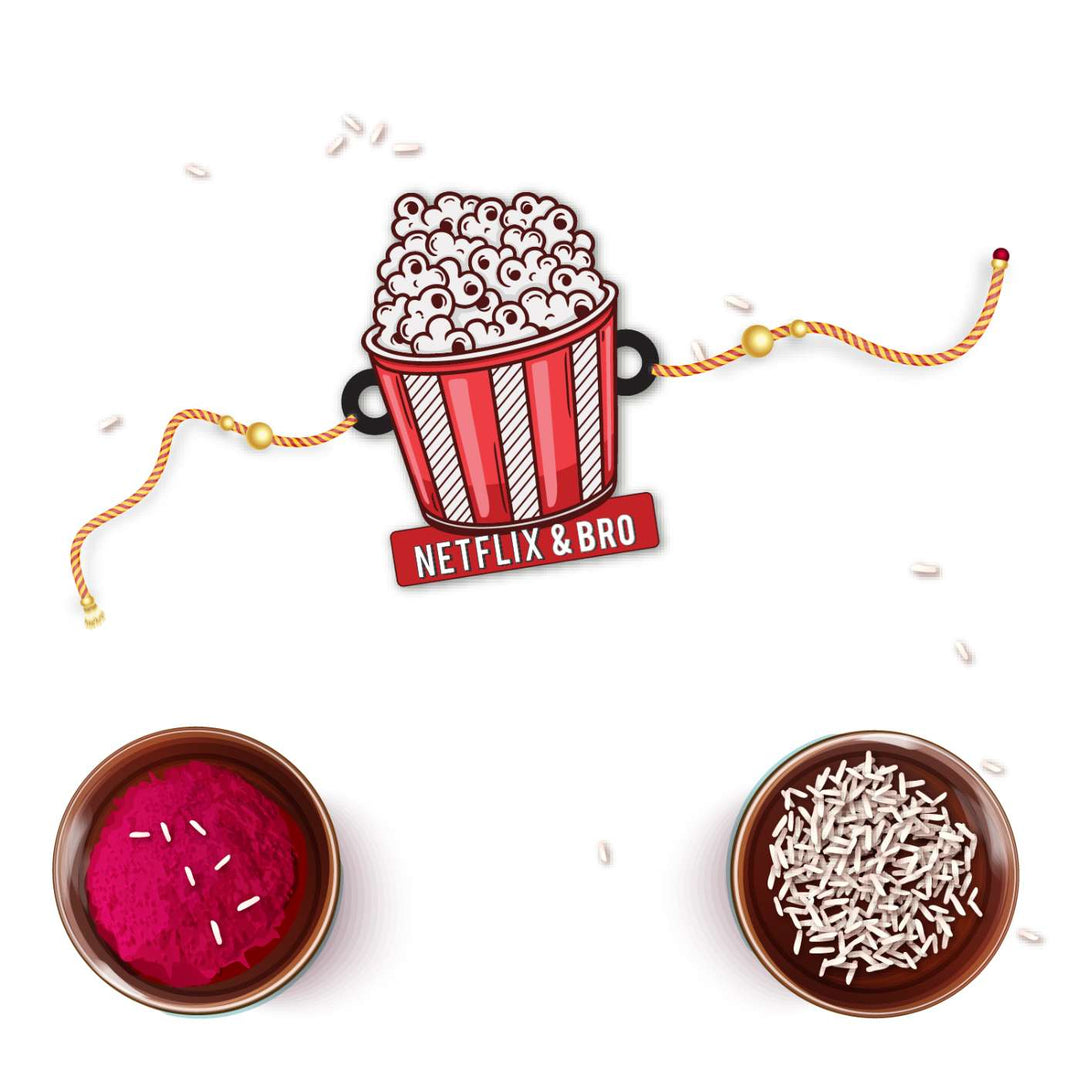 Handmade Printed Netflix Wooden Rudraksha Rakhi With Roli Chawal