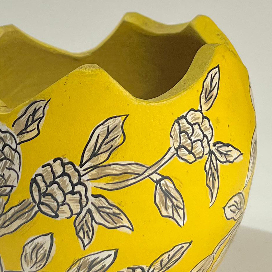 Hand-Painted Yellow & White Floral Terracotta Candle Holder With Candle