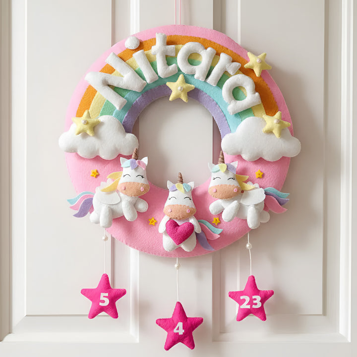 Hand-stitched Pastel Rainbow & Unicorn Themed Round Felt Kids Name Plate for Child