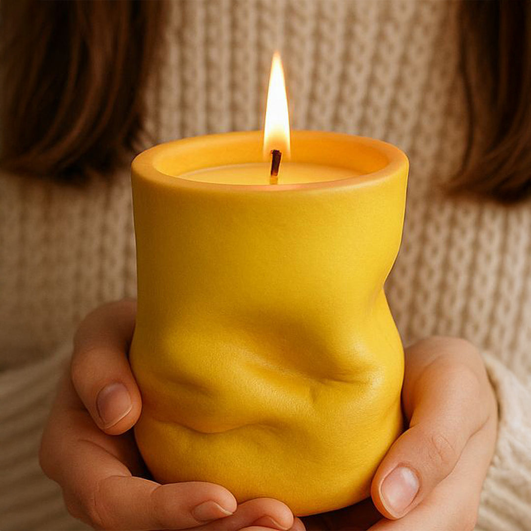 Hand-Painted Slumped Design Terracotta Candle Holder With Candle