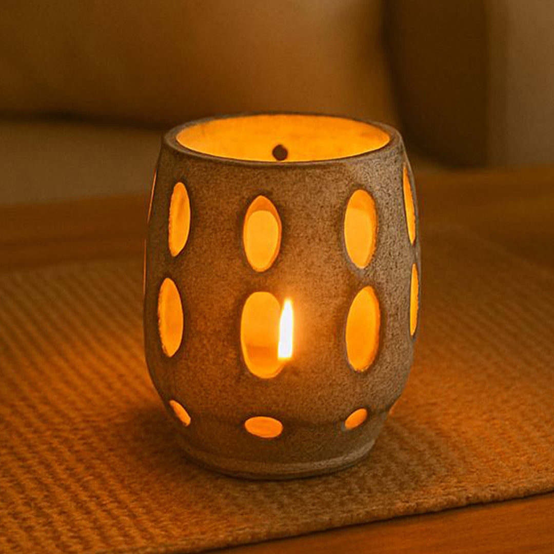 Grey Distress Finish Terracotta Tealight Holder With Candle