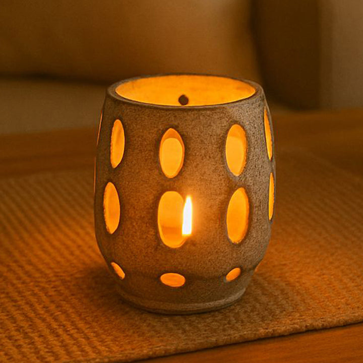 Grey Distress Finish Terracotta Tealight Holder With Candle